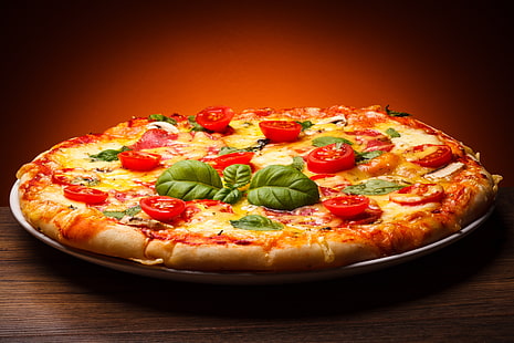 пица със сирене, пица, сирене, домати, гъби, салам, HD тапет HD wallpaper