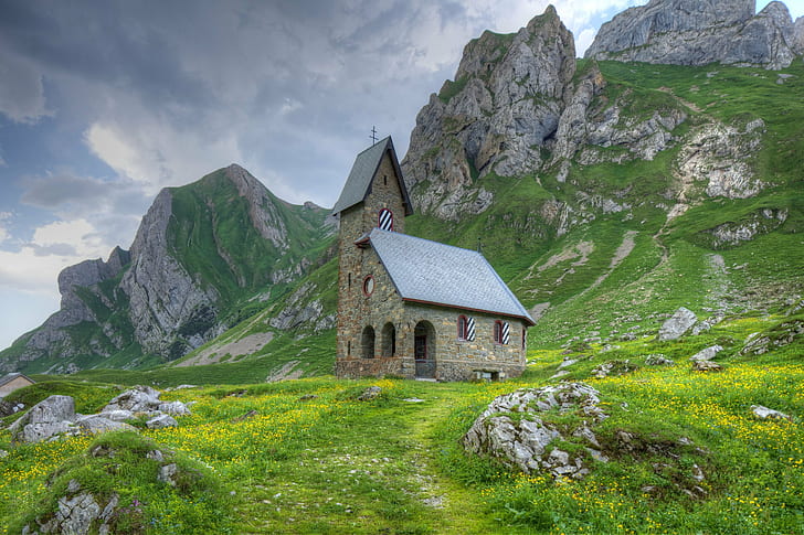photo of house on mountain surrounded with rocks, Kirche, photo, house, mountain, rocks, Alpstein, HDR, european Alps, nature, church, summer, europe, HD wallpaper