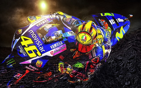 разноцветна илюстрация за състезателен мотоциклет Movistar, Валентино Роси, Moto GP, Yamaha, HD тапет HD wallpaper