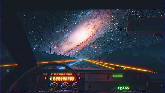 Ретровейв, 4K, галактика, Андромеда, автомобиль, салон автомобиля, дорога, HD обои HD wallpaper