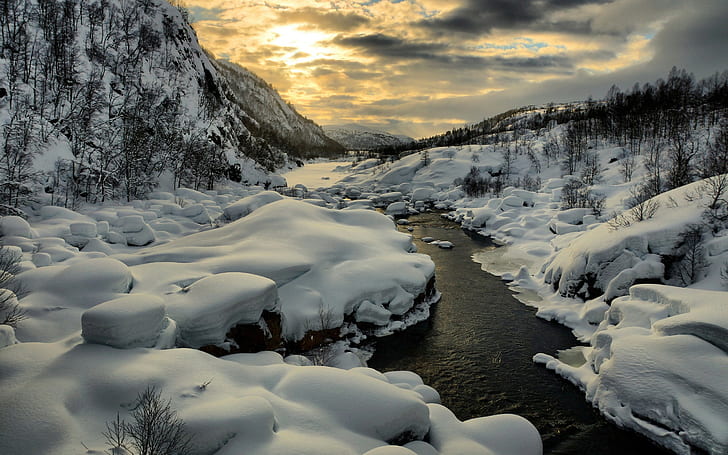 Snow Winter Stream Clouds HD, river between mountain with snow covered, nature, clouds, snow, winter, stream, HD wallpaper