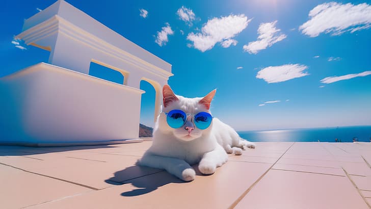AI art, cats, clear sky, blue, sunglasses, HD wallpaper