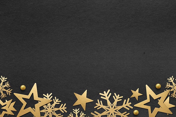 winter, snowflakes, golden, black background, black, Christmas, background, stars, HD wallpaper
