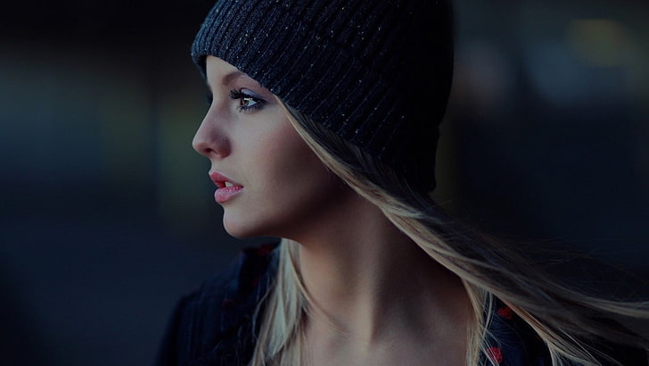 bonnet noir pour femme, femmes, blonde, bonnet en laine, profil, portrait, visage, Fond d'écran HD