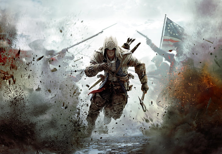 Assassin's Creed poster, war, flag, soldiers, America, assassin, Assassin's Creed III, Radunhageydu, the half-breed Indian, Connor Kenuey, The Creed Of Assassins 3, HD wallpaper