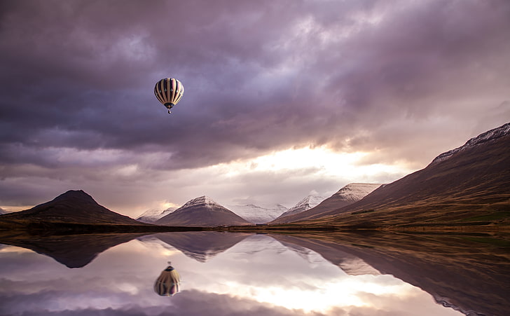 Colorful Hot Air Balloon Over Water, Travel, Other, View, Nature, Landscape, Balloon, Flying, Journey, Photoshop, Trip, dom, Water, Aerial, Outdoors, Reflection, Iceland, Adventure, Discovery, Explore, excursion, places, visit, hotairballoon, eyjafjardarsysla, HD wallpaper