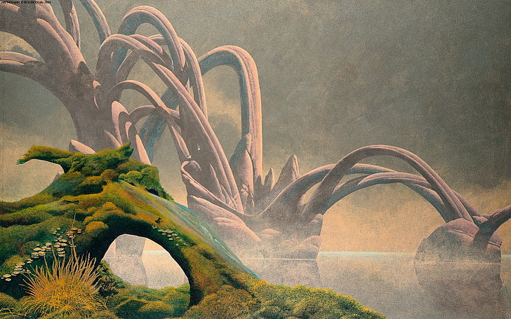 ilustrasi monster laut coklat, Roger Dean, seni fantasi, Wallpaper HD