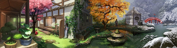 애니메이션 삽화 애니메이션 소녀 계절 겨울 봄 여름 가을, HD 배경 화면