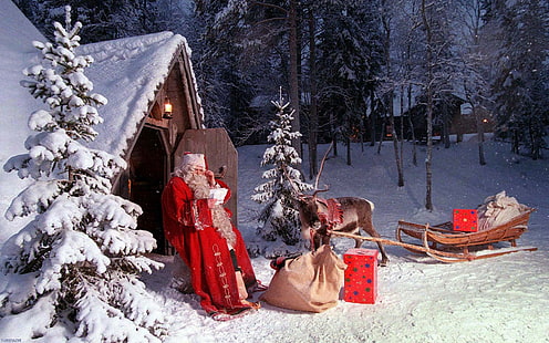 Santa Claus digital wallpaper, winter, new year, Christmas, deer, Santa Claus, HD wallpaper HD wallpaper