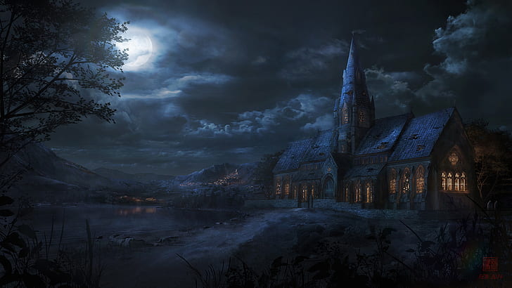교회, 교회, 구름, 어두운, 안개, 밤, 종교적인, HD 배경 화면