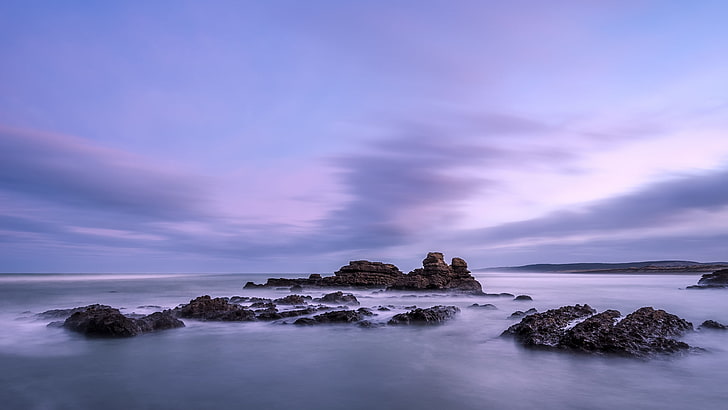 the sky, clouds, stones, shore, the evening, New Zealand, lilac, The Tasman sea, HD wallpaper