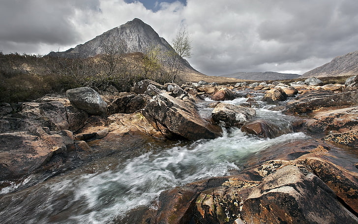 cascade waterfalls and mountain range, river, mountain, current, aspiration, dullness, HD wallpaper