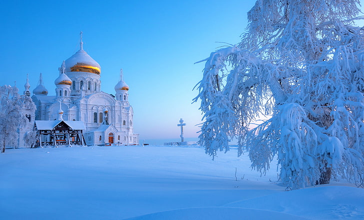 бяла куполна сграда, зима, сняг, Русия, Урал, Белогорският манастир, HD тапет