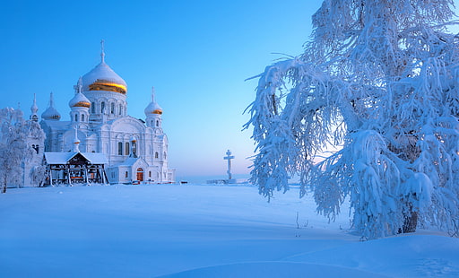 бяла куполна сграда, зима, сняг, Русия, Урал, Белогорският манастир, HD тапет HD wallpaper