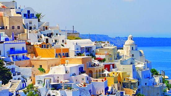 бетонные дома разных цветов, Греция, ландшафт, HD обои HD wallpaper