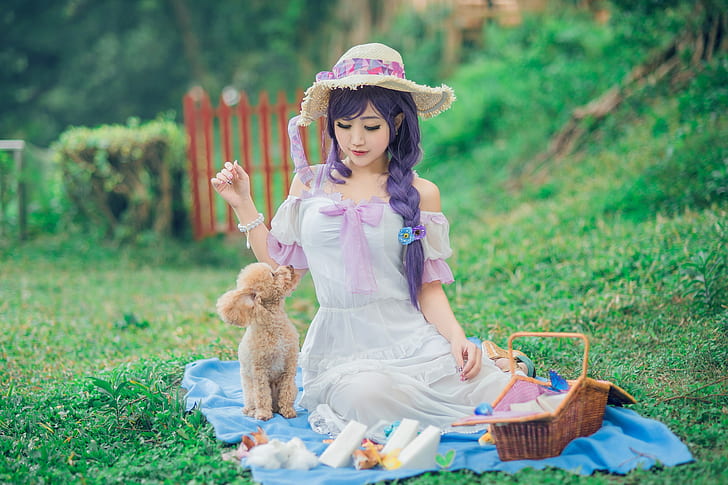 greens, summer, grass, look, girl, nature, face, pose, eyelashes, style, background, mood, white, glade, the fence, food, cute, dog, hat, hands, makeup, dress, blanket, hairstyle, puppy, image, braid, bracelet, Asian, picnic, sitting, basket, shoulders, bow, cutie, poodle, purple hair, communication, pet, the lady with the dog, HD wallpaper