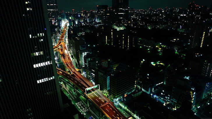 сива високоетажна сграда, магистрала, Токио, градски пейзаж, нощ, HD тапет