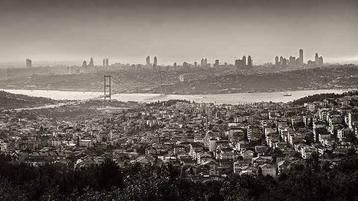 cakrawala kota, Istanbul, Turki, kota, monokrom, lanskap kota, jembatan, Bosphorus, Wallpaper HD