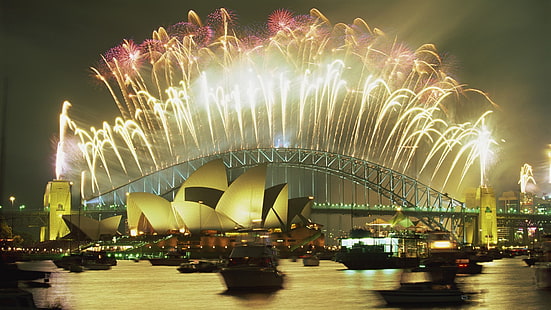 Anfiteatro de Sydney, ponte, Sydney, ano novo, teatro, fogos de artifício, porto, HD papel de parede HD wallpaper