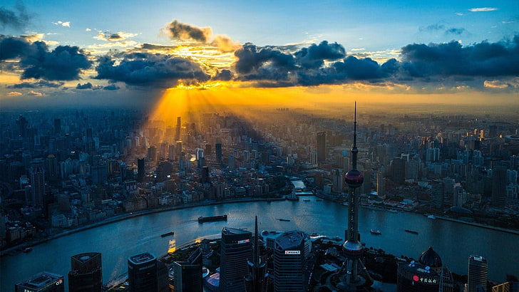 edifícios altos, xangai, construção, cidade, nuvens, rio, raios de sol, HD papel de parede