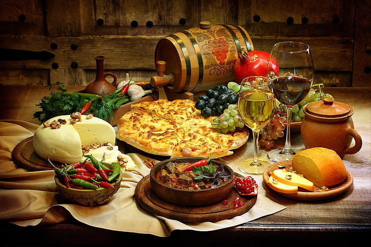 食品、静物、樽、パン、チーズ、コショウ、ピザ、ワイン、 HDデスクトップの壁紙