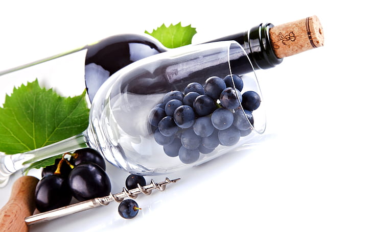 Wine Bottle, grapes, glass, drink, wine, static, background, HD wallpaper