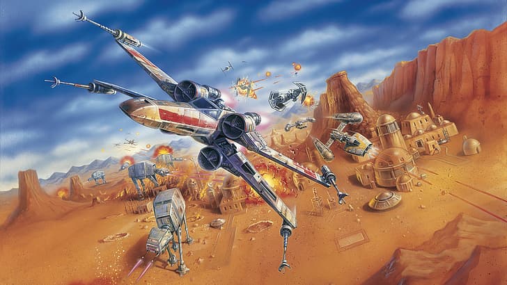 Star Wars, oeuvre d'art, désert, Tatooine, X-wing, Y-Wing, TIE Bomber, TIE Fighter, AT-AT, bataille, explosion, Forces impériales, Alliance rebelle, Fond d'écran HD