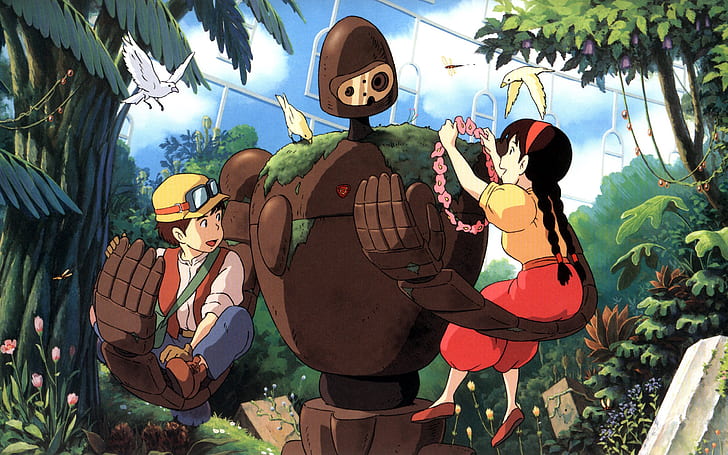 Hayao Miyazaki, Studio Ghibli, робот, момиче и момче, Hayao, Miyazaki, Studio, Ghibli, Robot, Girl, Boy, HD тапет