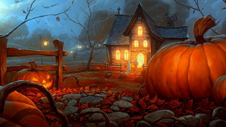 Празник, Хелоуин, есен, къща, фенерче, нощ, тиква, HD тапет