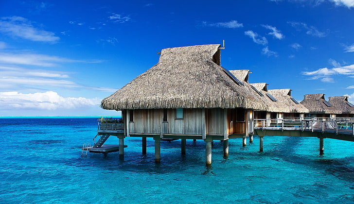 plage, Bora Bora, bungalow, Polynésie française, paysage, matin, nature, photographie, resort, mer, lumière du soleil, tropical, Fond d'écran HD