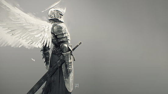 Ali d'angelo, Armatura fantasy, Fantasy art, cavaliere, spada, Sfondo HD HD wallpaper