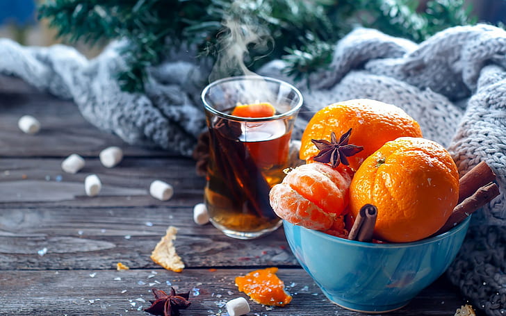Tangerines, cinnamon, tea, orange fruit, tea, scarf, warmth, comfort, Yulia Mazurkevich, tangerines, cinnamon, HD wallpaper