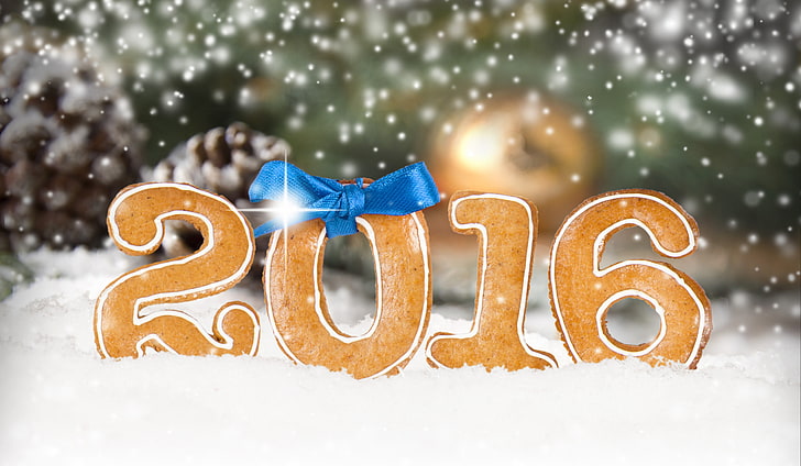 голубая лента, Новый год, печенье, украшения, Happy, 2016, HD обои