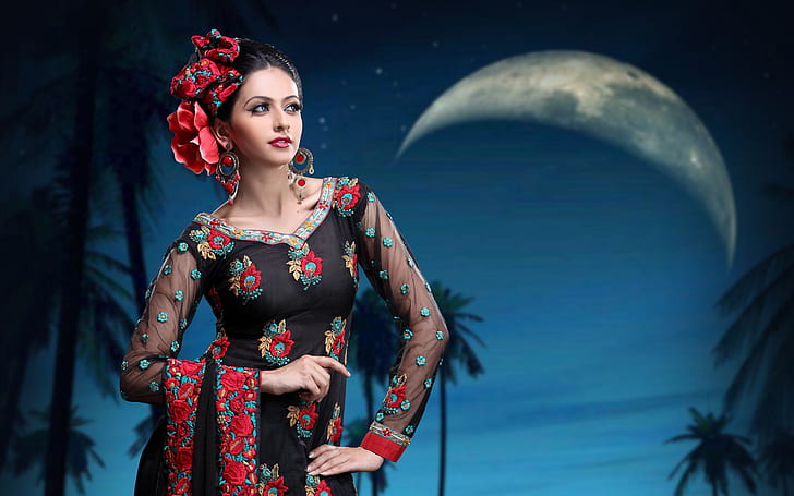 Aamna Shariff Shooting, damska czerwona i czarna kwiecista sukienka z długimi rękawami, bollywood, dziewczyna, indyjska aktorka, celebrytka, Tapety HD