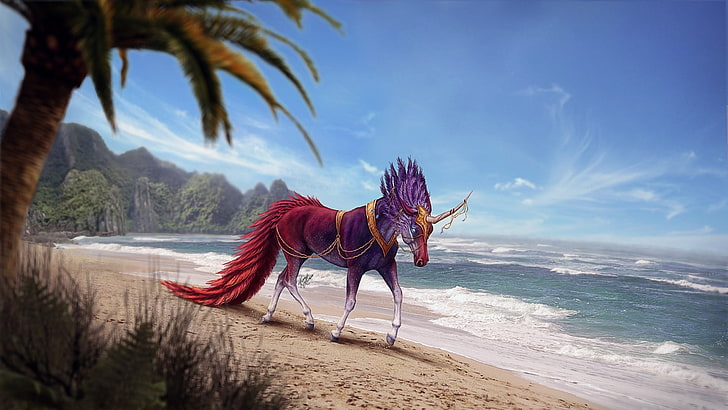 purple and red horse standing near body of water, creature, artwork, fantasy art, unicorn, HD wallpaper