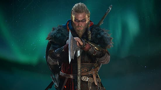 Assassin's Creed: Valhalla, viking, hache, armure, aurores, jeux vidéo, art du jeu, art du jeu vidéo, art numérique, Fond d'écran HD HD wallpaper