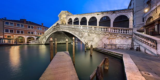 Włochy, Wenecja, kanał, zachód słońca, panorama, Canal Grande, Most Rialto, Tapety HD HD wallpaper