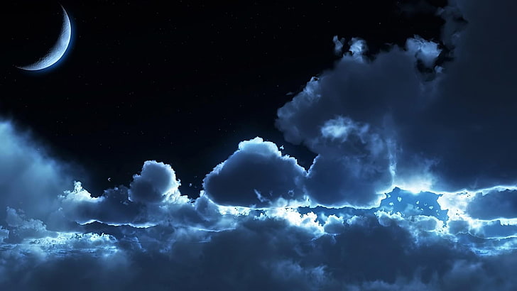 sky, half moon, cloud, fluffy, cumulus, night, darkness, moon, moonlight, HD wallpaper