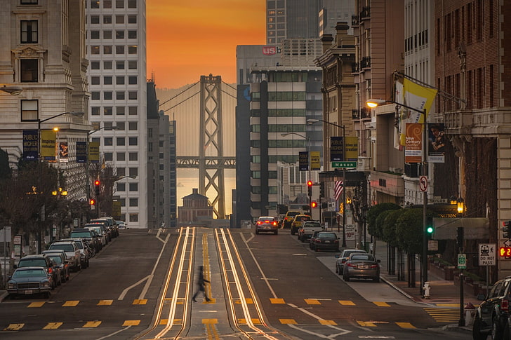 biały most, San Francisco, pejzaż miejski, ulica, miasto, most San Francisco-Oakland Bay, Tapety HD