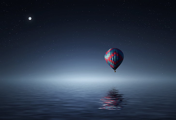 paysage, montgolfières, art numérique, réflexion, étoiles, ciel, eau, ballon, nuit, Fond d'écran HD