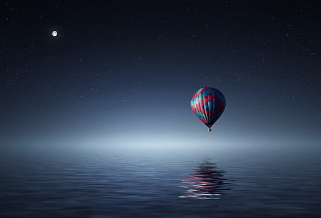 Landschaft, Heißluftballons, digitale Kunst, Reflexion, Sterne, Himmel, Wasser, Ballon, Nacht, HD-Hintergrundbild HD wallpaper
