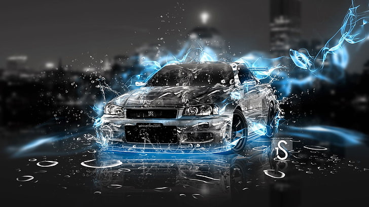 Nissan Skyline GT-R R34 gris coupé, eau, gris, flamme, bleu, noir, fumée, couples, ligne d'horizon, Nissan, nissan skyline rtm, Fond d'écran HD