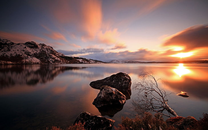 Bergen Lake Sunset, body of water, Nature, Lake, tree, sunset, stones, HD wallpaper