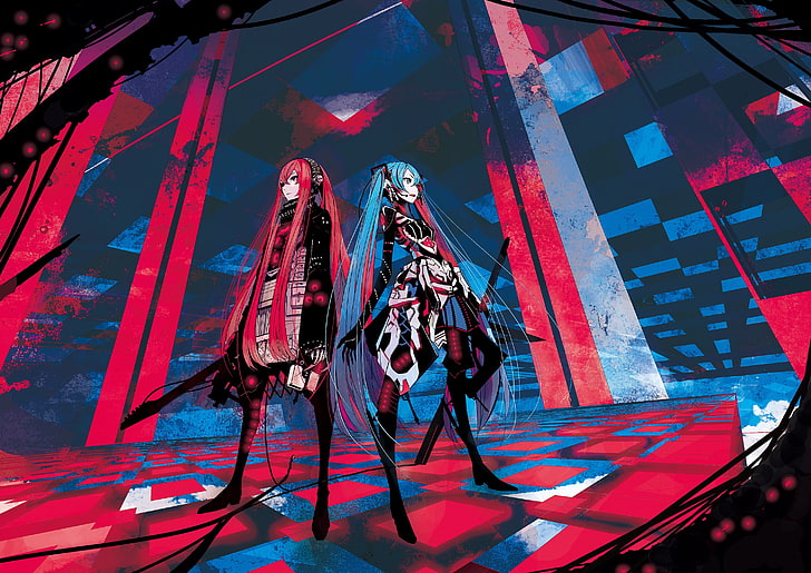 two girls anime character illustrations, Vocaloid, armor, guitar, Hatsune Miku, Megurine Luka, HD wallpaper