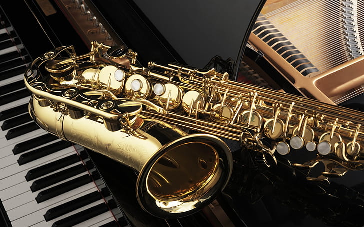 Saxofone e piano, saxofone de bronze, saxofone, piano, instrumentos musicais, música, HD papel de parede