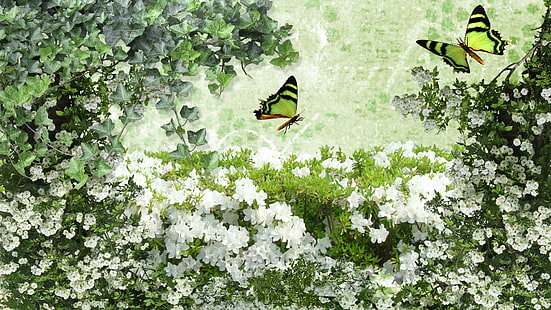 花の祝福、Firefoxペルソナ、葉、緑、花、植物、春、蝶、夏、3 dおよび抽象、 HDデスクトップの壁紙 HD wallpaper
