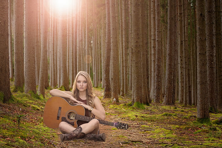 woman holding brown classical guitar sitting in the middle of the forest, Rockstar, in the woods, woman, brown, classical guitar, middle, forest, guitarist, girl, sitting, sit, fantasy, image, composition, compositing, digital, blend, creative  commons, attribution, cc, light, flare, sun, female, guitar, musician, music, post  processing, photo  editing, photoshop, cs6, women, nature, outdoors, people, tree, females, caucasian Ethnicity, one Person, HD wallpaper