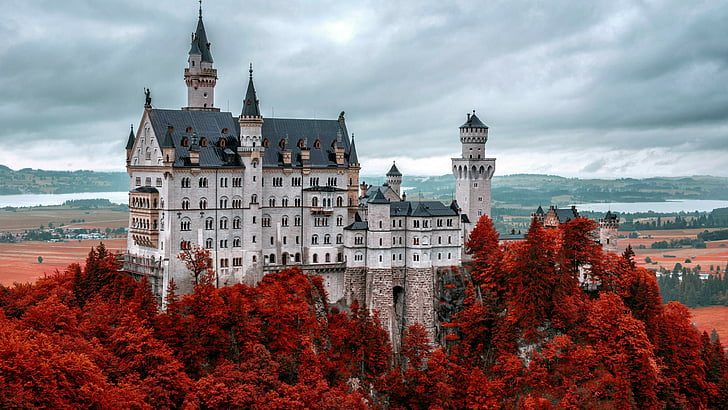 cloud, red leaves, autumn, red trees, germany, bavaria, tours, schwangau, neuschwanstein castle, landmark, city, tree, tourist attraction, chateau, building, castle, sky, HD wallpaper