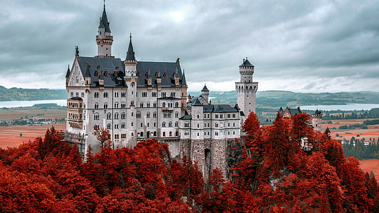 облак, червени листа, есен, червени дървета, Германия, Бавария, обиколки, Швангау, замък Нойшванщайн, забележителност, град, дърво, туристическа атракция, замък, сграда, замък, небе, HD тапет HD wallpaper
