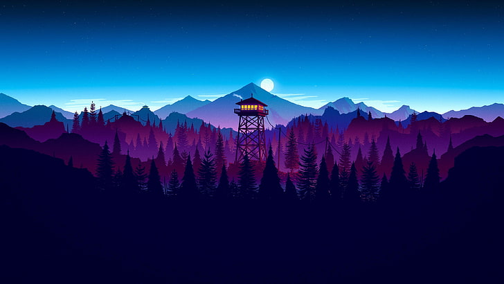 torre e montagna a distanza carta da parati digitale, luna, gioco, foresta, cielo, notte, nuvola, kumo, Firewatch, opera d'arte al tramonto, Sfondo HD